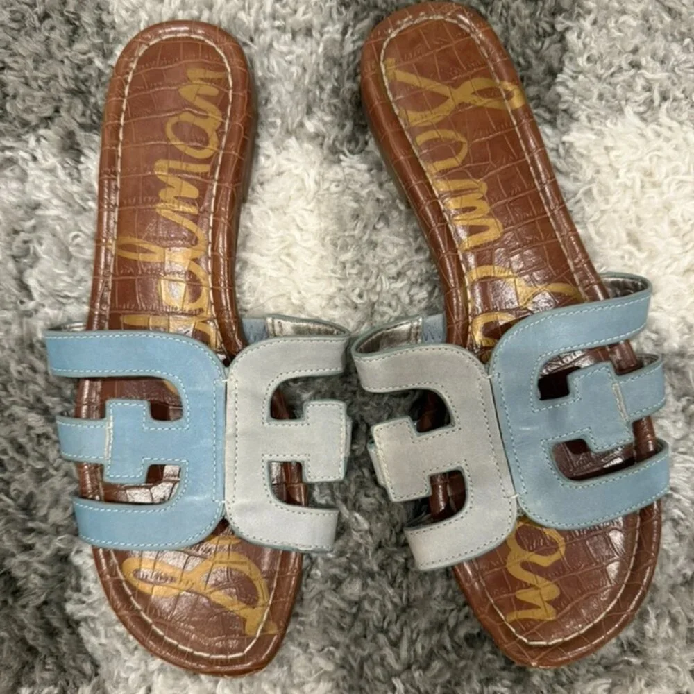 Sam Edelman Bay Slide Sandals Blue Grey Leather Double E Strap Flats Size 8 - Picture 1 of 1